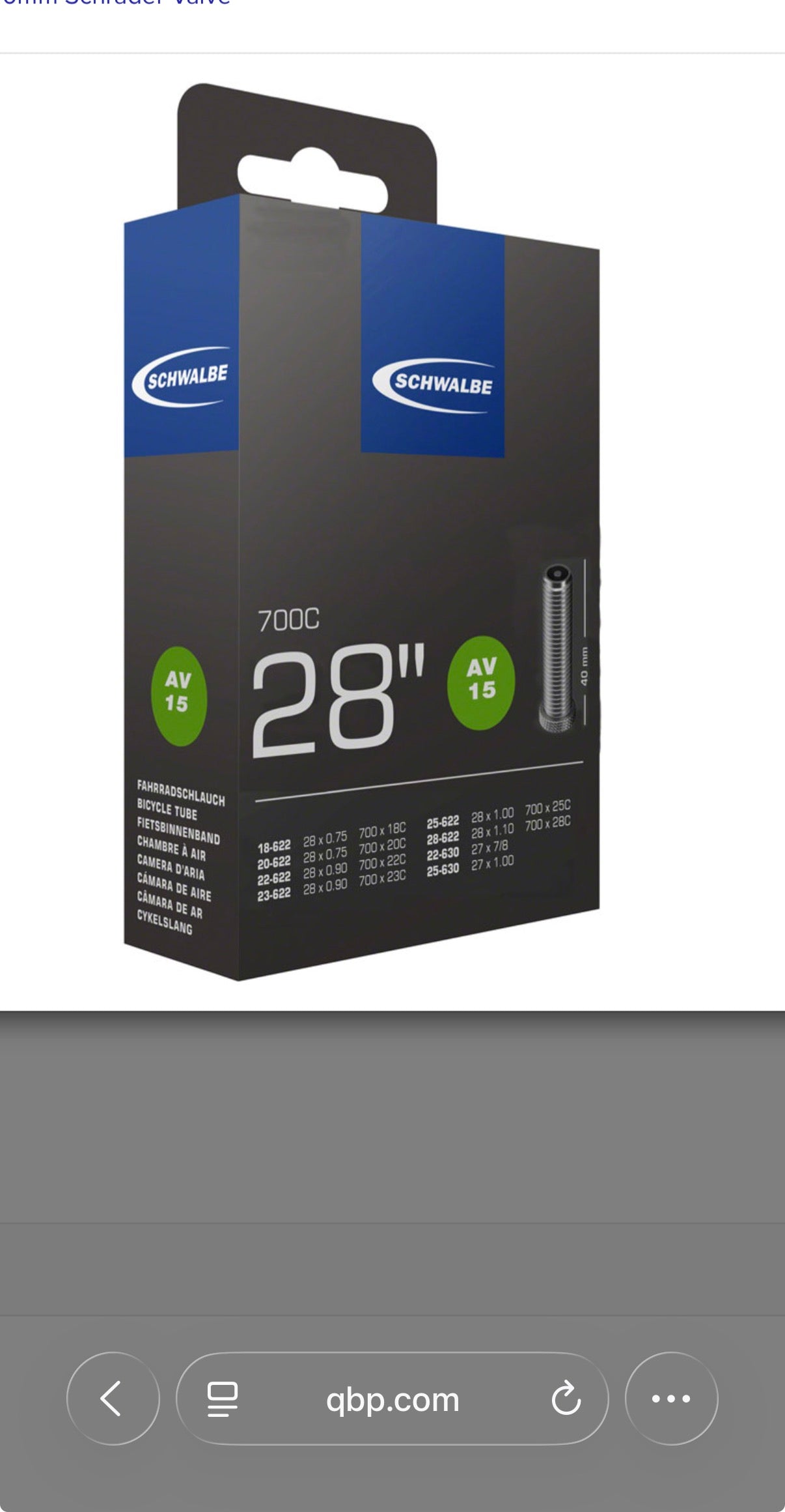 Schwalbe Tube AV15 - 700 x 18-28, 40mm Schrader Valve- 105g
